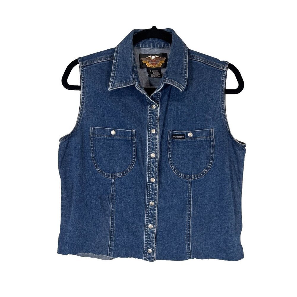 Vintage Harley Davidson Denim Vest Womens Medium M Snap Button Collar 90s Logo